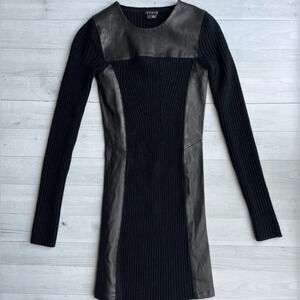 Theory Black Lambskin Leather Trim Long Sleeve Stretch Sweater Dress Size P/TP